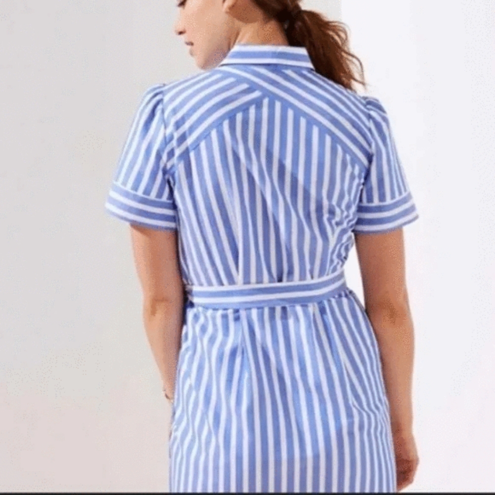 Loft blue & white button down waist tie short sleeve dress - Picture 2 of 6